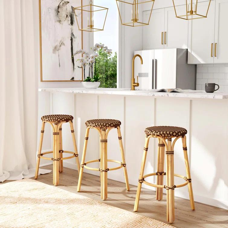 Butler Specialty Company Tobias Round Rattan 30" Bar Stool - Brown And Tan Dot