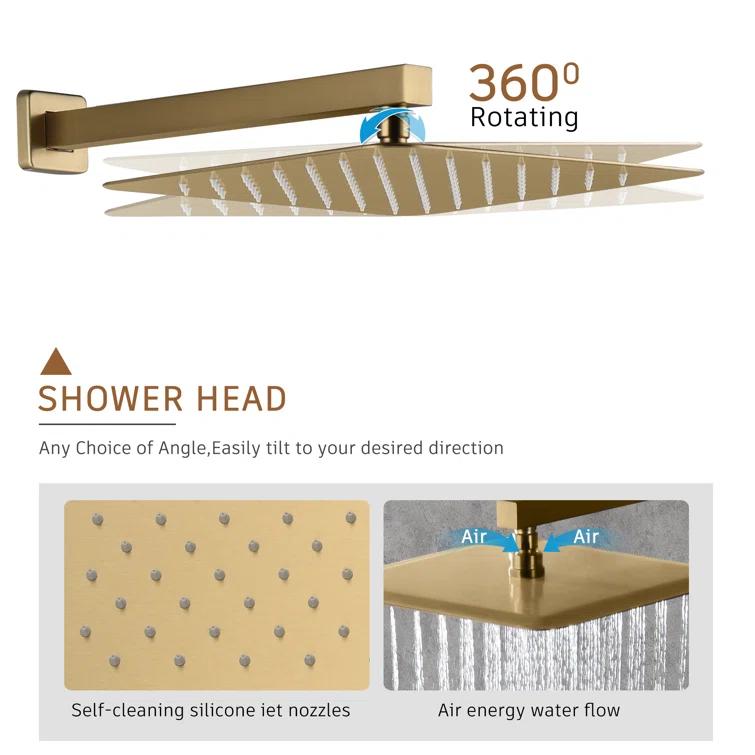 CASAINC M6001-A-12-BG Revitalize 12 Inch Luxury Thermostatic Complete Shower System with Rough-in Valve