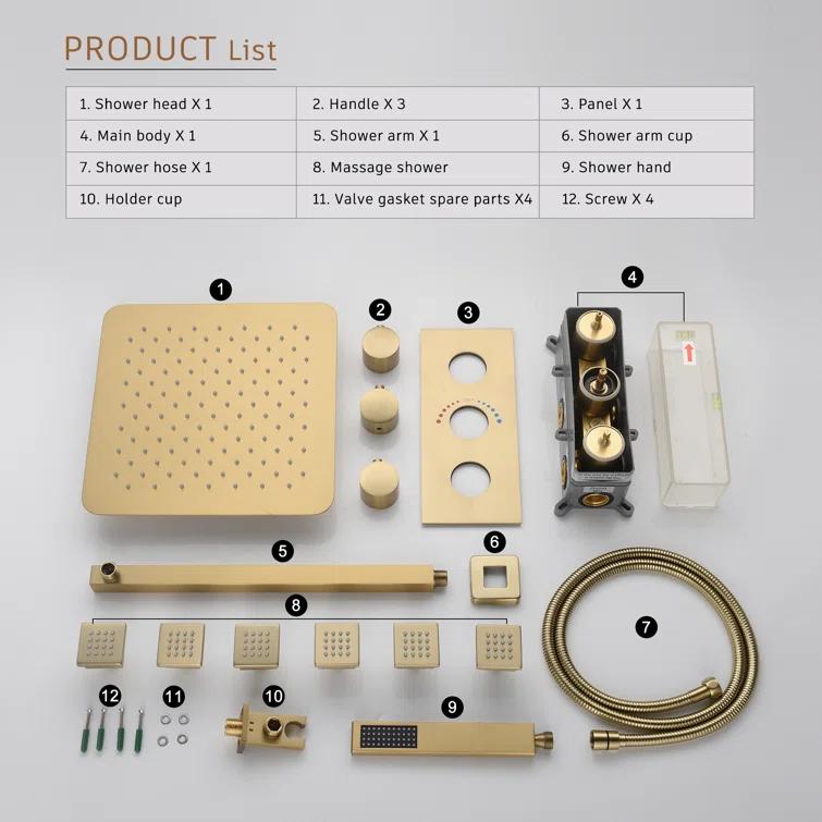 CASAINC M6001-A-12-BG Revitalize 12 Inch Luxury Thermostatic Complete Shower System with Rough-in Valve