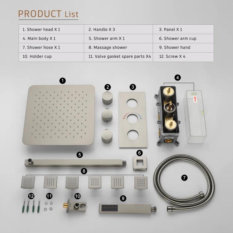 Revitalize 12 Inch Luxury Thermostatic Complete Shower System with Rough-in Valve