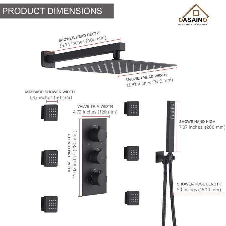 Revitalize 12 Inch Luxury Thermostatic Complete Shower System with Rough-in Valve