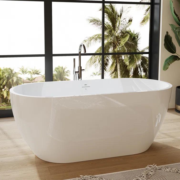 FerdY FerdY-02538-1500-BN Bali Freestanding Soaking Acrylic Bathtub with Brushed Nickel Drain