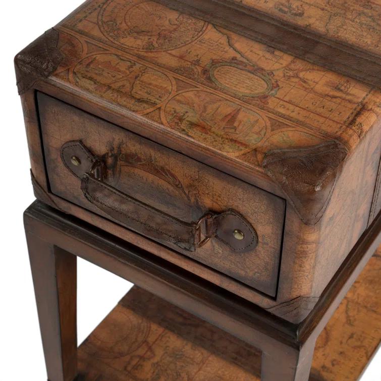 Old World Map Chairside Table In Brown