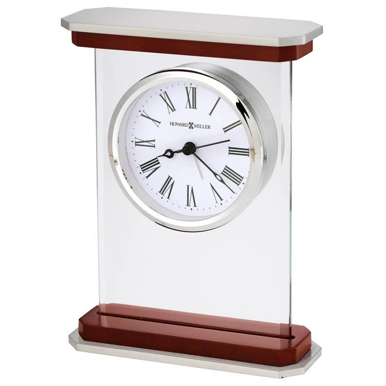 Howard Miller® Mayfield Modern & Contemporary Roman Numeral Rosewood Quartz Movement / Crystal Tabletop Clock with Alarm in White/Brown/Silver