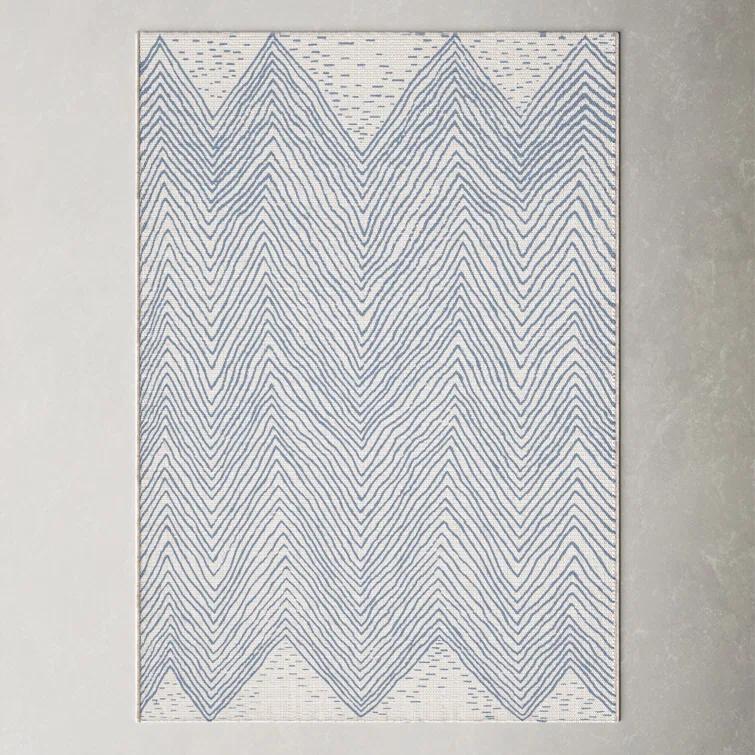 Dunham Abstract Indoor/Outdoor Area Rug for Living Room Patio Deck Front Porch Kitchen, Blue/Ivory