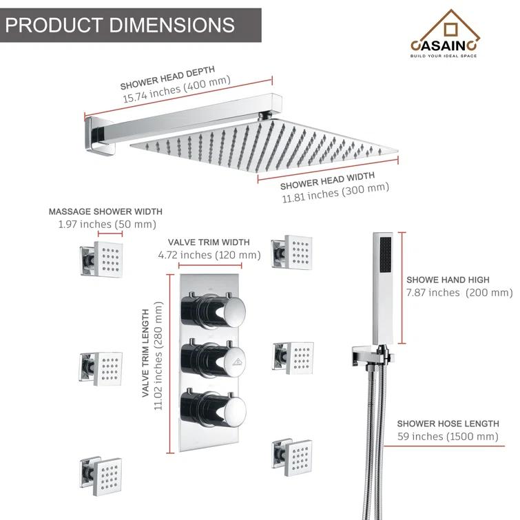 Revitalize 12 Inch Luxury Thermostatic Complete Shower System with Rough-in Valve