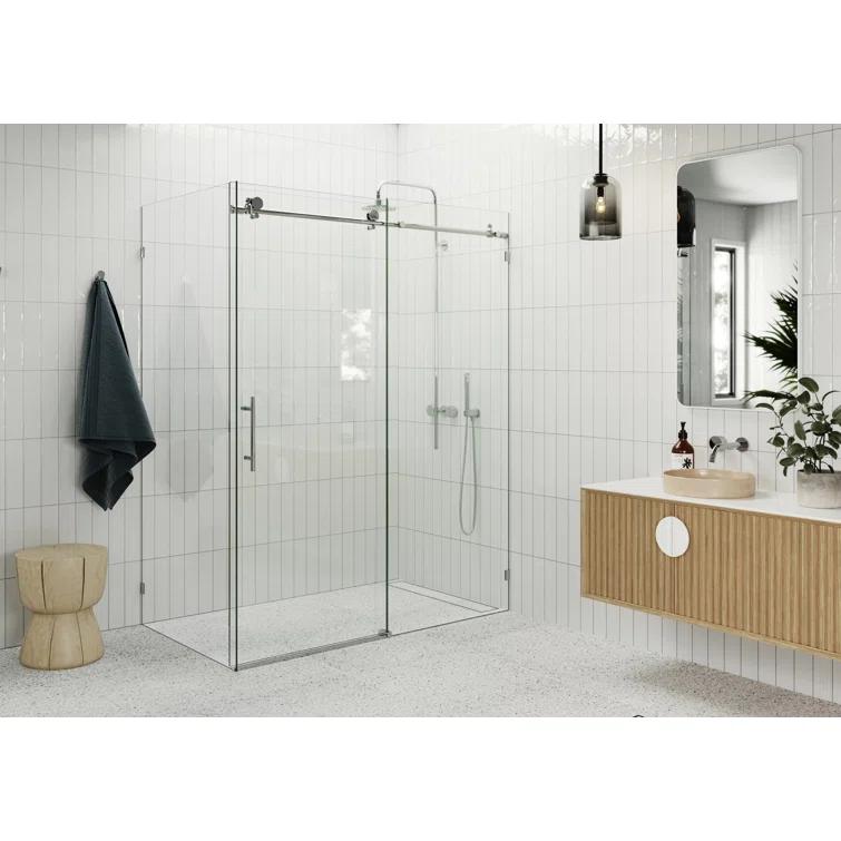 Nova 56 in. x 34 in. x 78 in. 90-degree Fully Frameless Sliding Glass Shower Enclosure