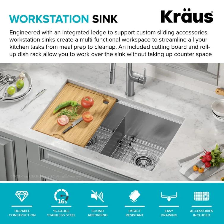 Kraus KRAUS Kore™ 30" L Undermount Workstation 16 Gauge Stainless Steel Double Bowl Kitchen Sink KWU112-30