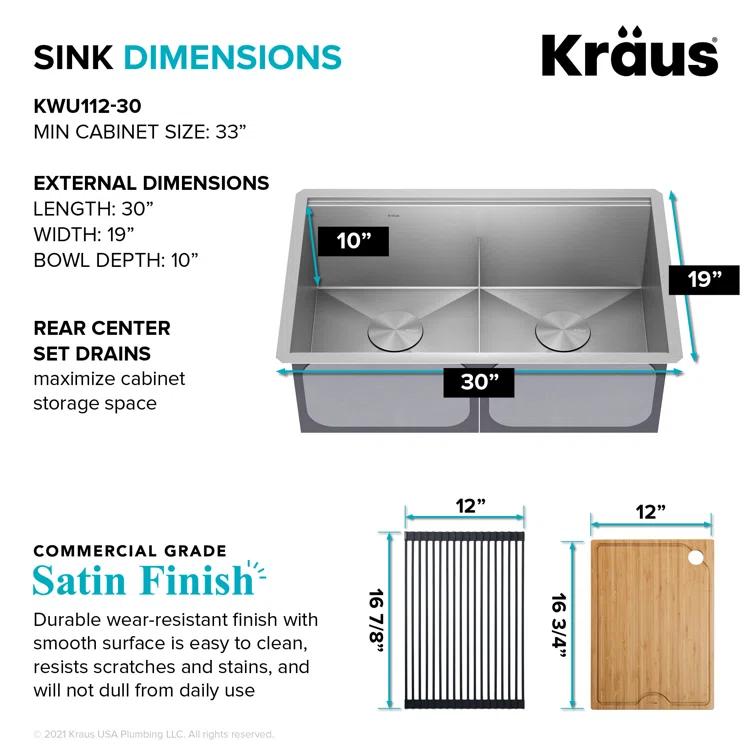 Kraus KRAUS Kore™ 30" L Undermount Workstation 16 Gauge Stainless Steel Double Bowl Kitchen Sink KWU112-30