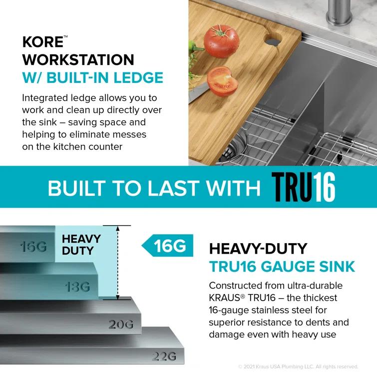 Kraus KRAUS Kore™ 30" L Undermount Workstation 16 Gauge Stainless Steel Double Bowl Kitchen Sink KWU112-30
