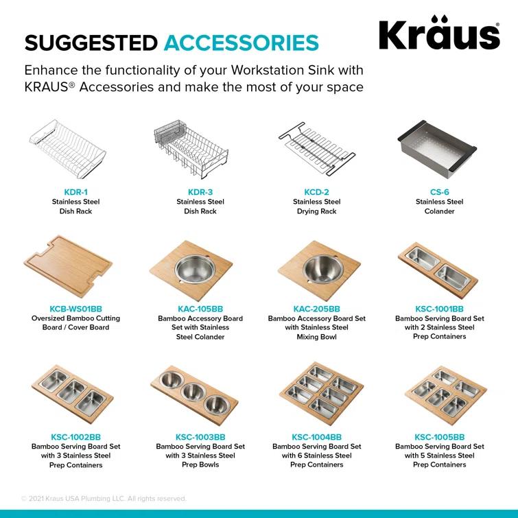 KRAUS Kore™ 27" L Farmhouse Apron Front Workstation 16 Gauge Stainless Steel Single Bowl Kitchen Sink with Accessories