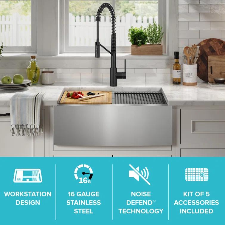 KRAUS Kore™ 27" L Farmhouse Apron Front Workstation 16 Gauge Stainless Steel Single Bowl Kitchen Sink with Accessories