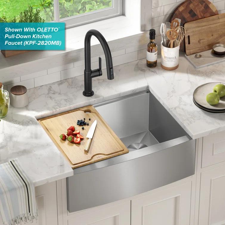 KRAUS Kore™ 27" L Farmhouse Apron Front Workstation 16 Gauge Stainless Steel Single Bowl Kitchen Sink with Accessories