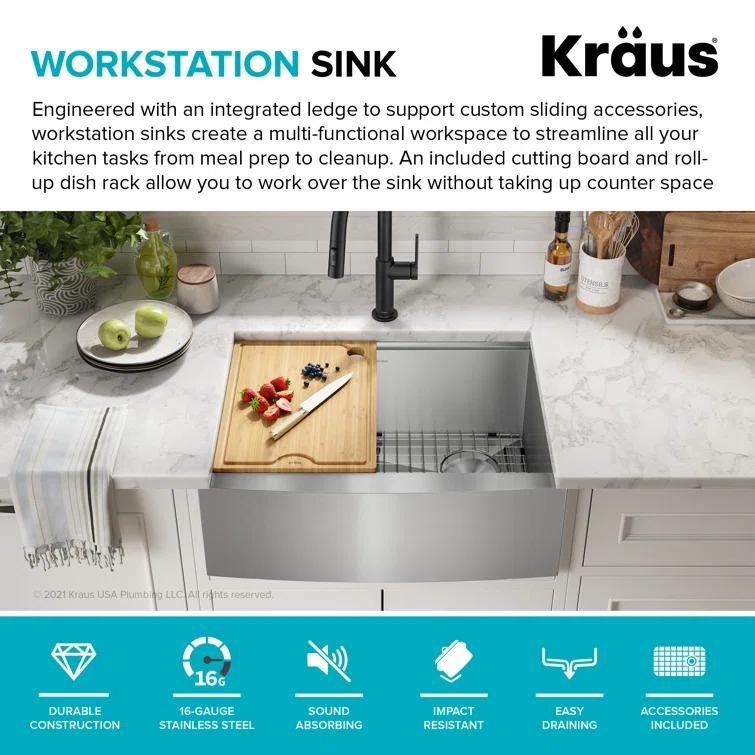 KRAUS Kore™ 27" L Farmhouse Apron Front Workstation 16 Gauge Stainless Steel Single Bowl Kitchen Sink with Accessories