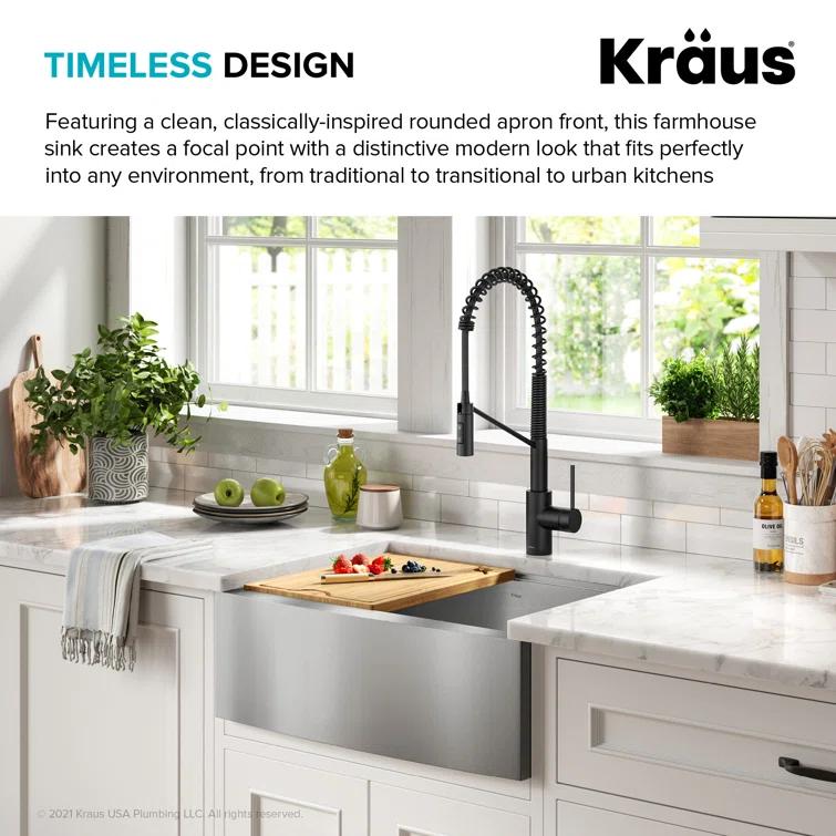 KRAUS Kore™ 27" L Farmhouse Apron Front Workstation 16 Gauge Stainless Steel Single Bowl Kitchen Sink with Accessories