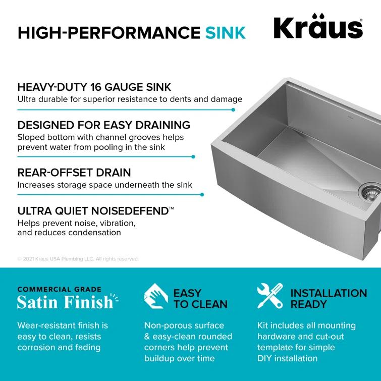 KRAUS Kore™ 27" L Farmhouse Apron Front Workstation 16 Gauge Stainless Steel Single Bowl Kitchen Sink with Accessories