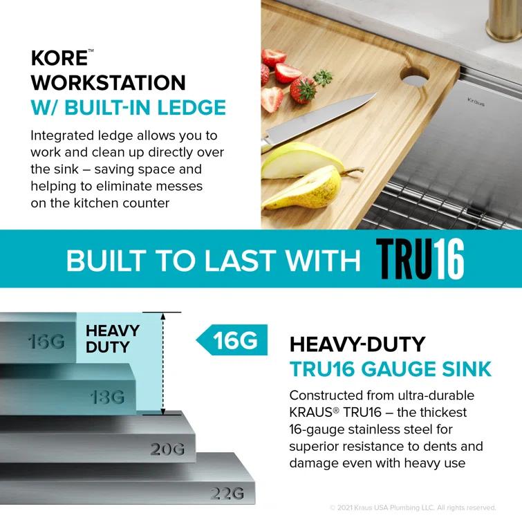 KRAUS Kore™ 27" L Farmhouse Apron Front Workstation 16 Gauge Stainless Steel Single Bowl Kitchen Sink with Accessories