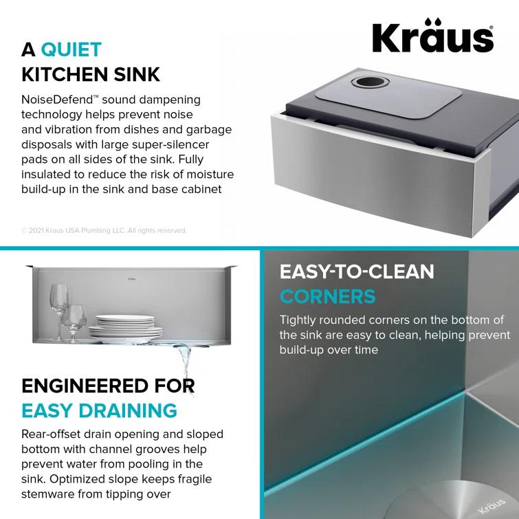 KRAUS Kore™ 27" L Farmhouse Apron Front Workstation 16 Gauge Stainless Steel Single Bowl Kitchen Sink with Accessories