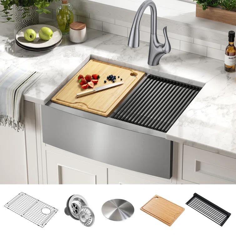 KRAUS Kore™ 27" L Farmhouse Apron Front Workstation 16 Gauge Stainless Steel Single Bowl Kitchen Sink with Accessories