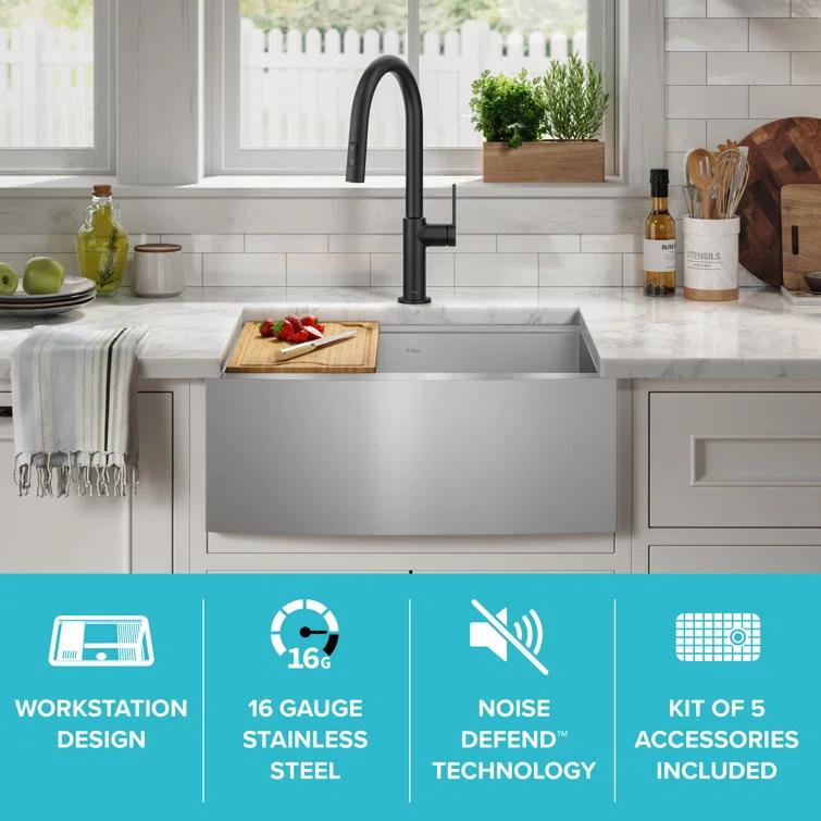 KRAUS Kore™ 24" L Farmhouse Apron Front Workstation 16 Gauge Stainless Steel Single Bowl Kitchen Sink with Accessories