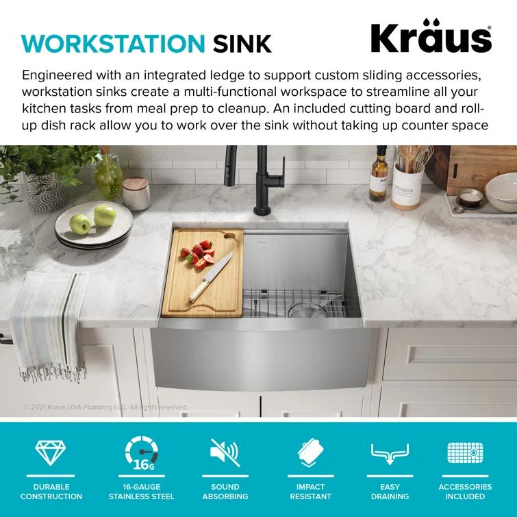 KRAUS Kore™ 24" L Farmhouse Apron Front Workstation 16 Gauge Stainless Steel Single Bowl Kitchen Sink with Accessories
