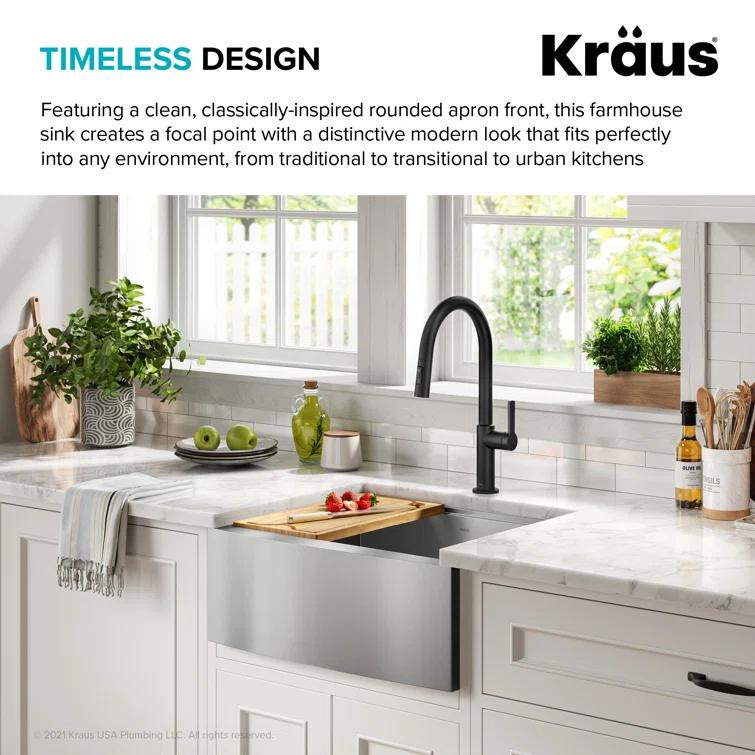 KRAUS Kore™ 24" L Farmhouse Apron Front Workstation 16 Gauge Stainless Steel Single Bowl Kitchen Sink with Accessories