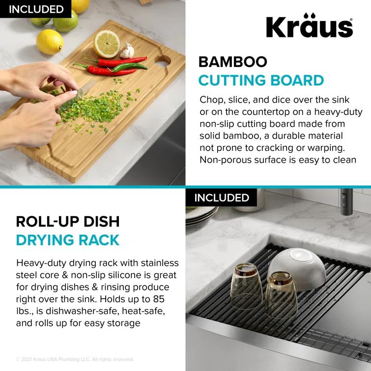 KRAUS Kore™ 24" L Farmhouse Apron Front Workstation 16 Gauge Stainless Steel Single Bowl Kitchen Sink with Accessories