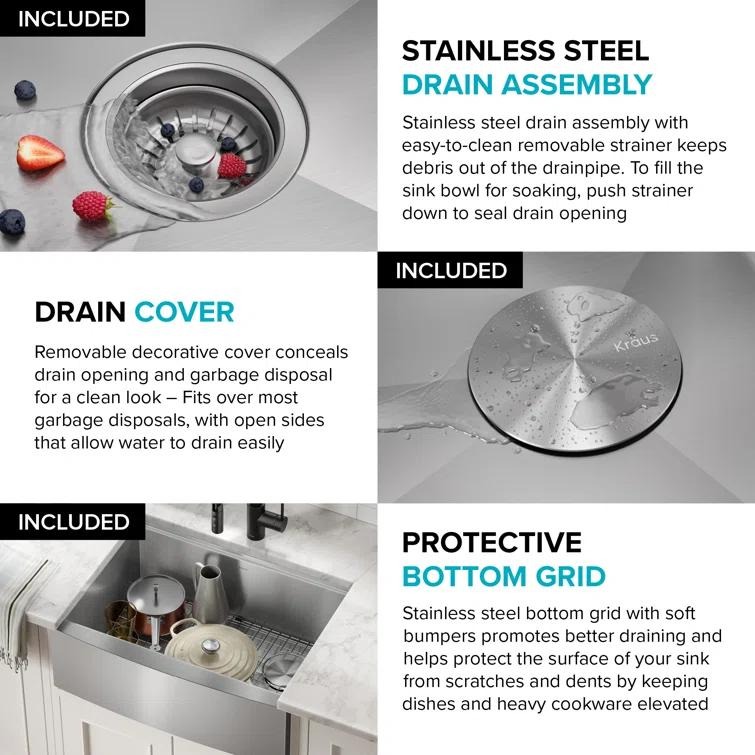 KRAUS Kore™ 24" L Farmhouse Apron Front Workstation 16 Gauge Stainless Steel Single Bowl Kitchen Sink with Accessories