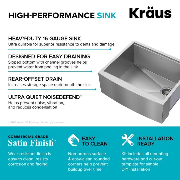 KRAUS Kore™ 24" L Farmhouse Apron Front Workstation 16 Gauge Stainless Steel Single Bowl Kitchen Sink with Accessories
