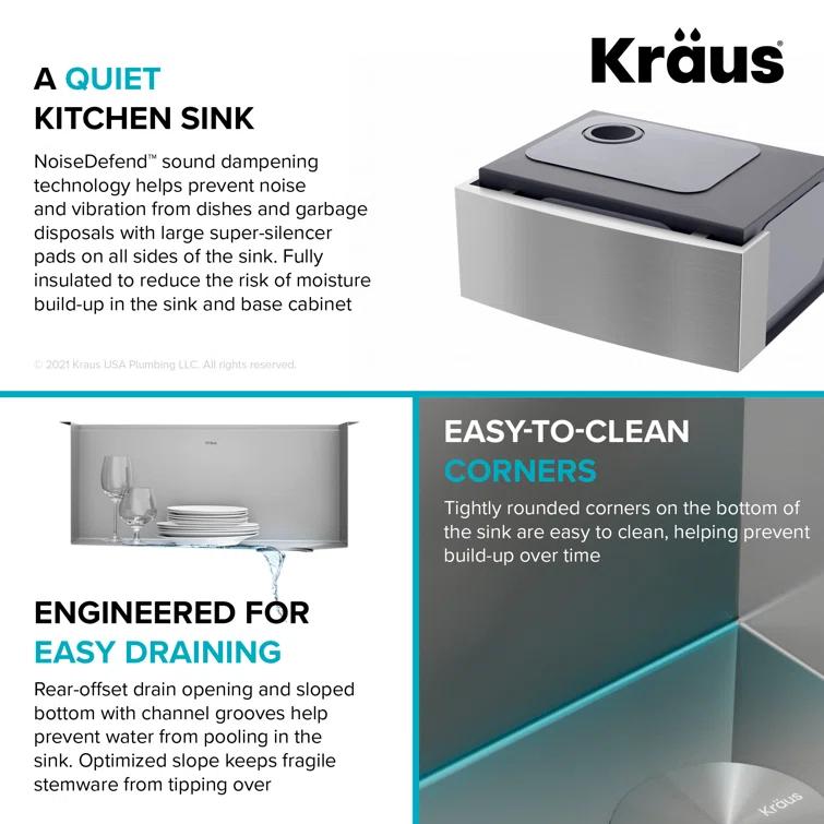 KRAUS Kore™ 24" L Farmhouse Apron Front Workstation 16 Gauge Stainless Steel Single Bowl Kitchen Sink with Accessories