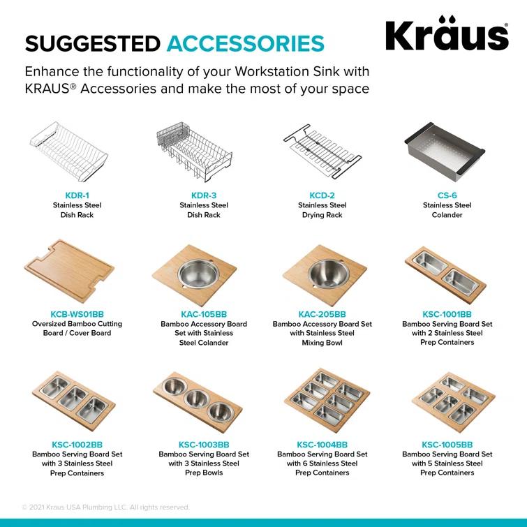 KRAUS Kore™ 24" L Farmhouse Apron Front Workstation 16 Gauge Stainless Steel Single Bowl Kitchen Sink with Accessories