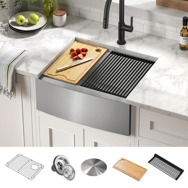 KRAUS Kore™ 24" L Farmhouse Apron Front Workstation 16 Gauge Stainless Steel Single Bowl Kitchen Sink with Accessories