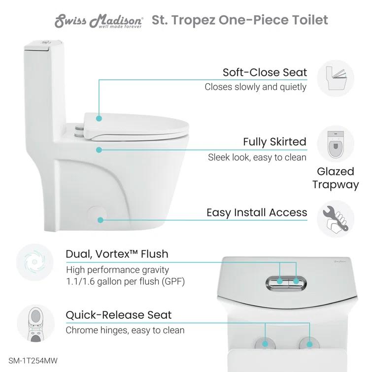 St. Tropez One Piece Elongated Toilet Dual Vortex Flush 1.6 GPF