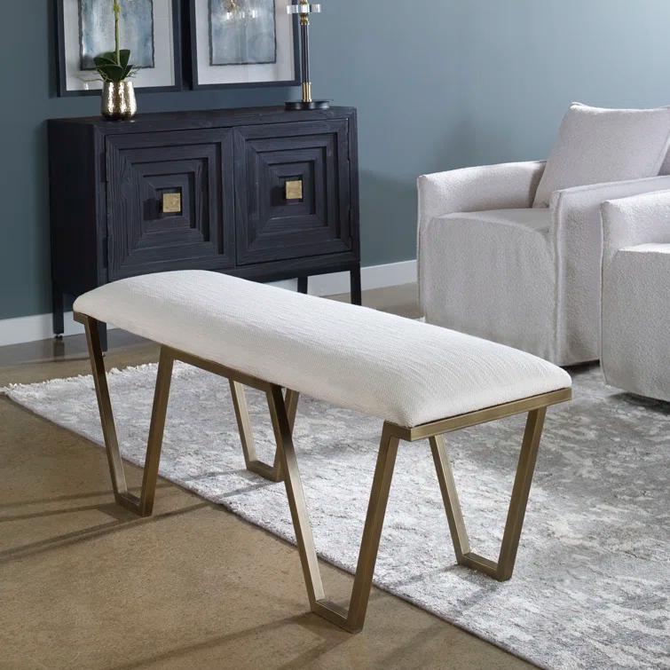 Uttermost Farrah Geometric Iron Metal Bench in White/Antique Gold