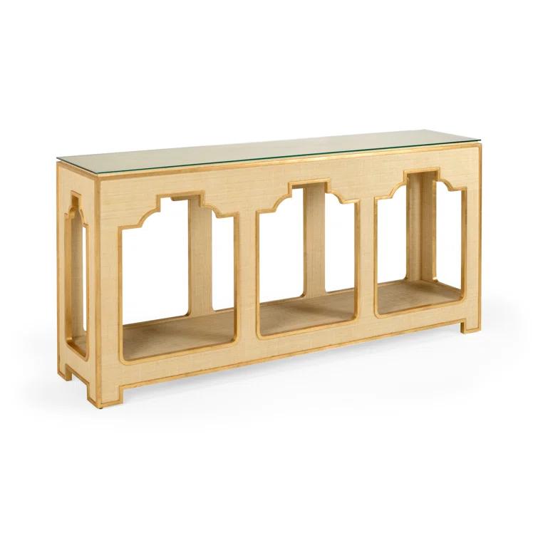 Cream and Gold Leaf Wood Console Table with Glass Top
