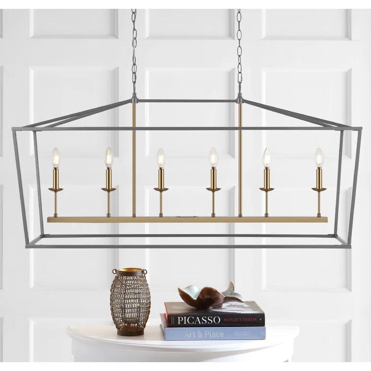 Pagoda 49" Linear 6-Bulb Classic Traditional Metal LED Pendant, Gray/Brass Gold