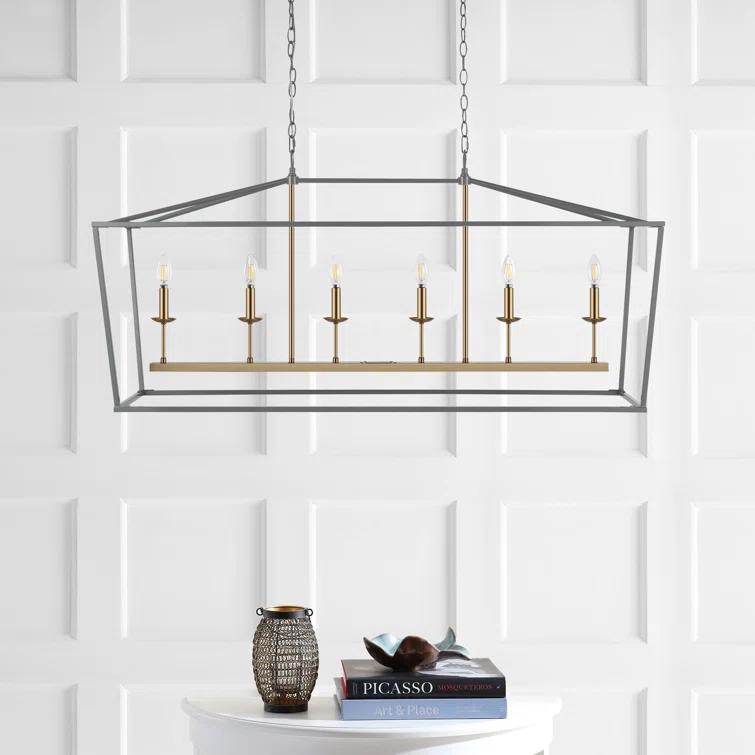 Pagoda 49" Linear 6-Bulb Classic Traditional Metal LED Pendant, Gray/Brass Gold