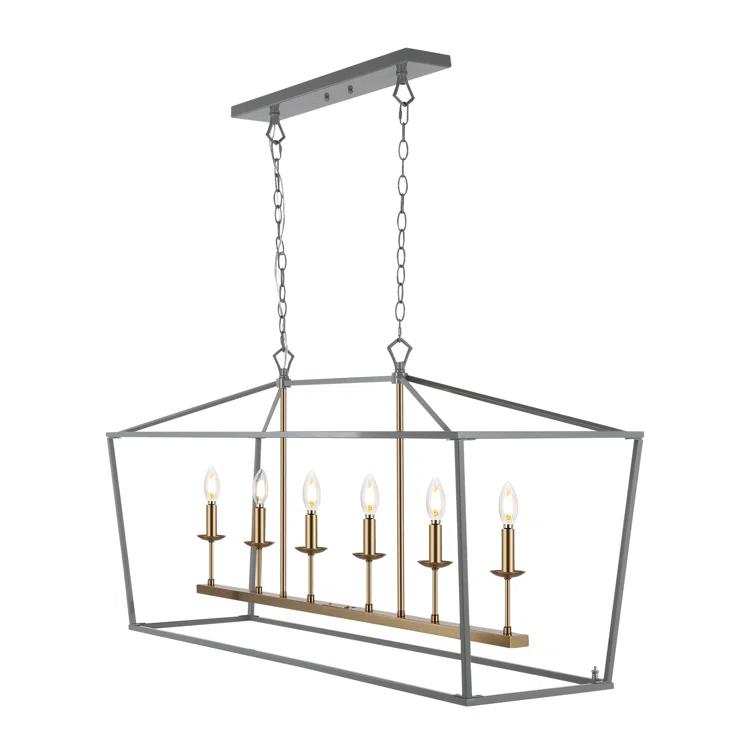 Pagoda 49" Linear 6-Bulb Classic Traditional Metal LED Pendant, Gray/Brass Gold