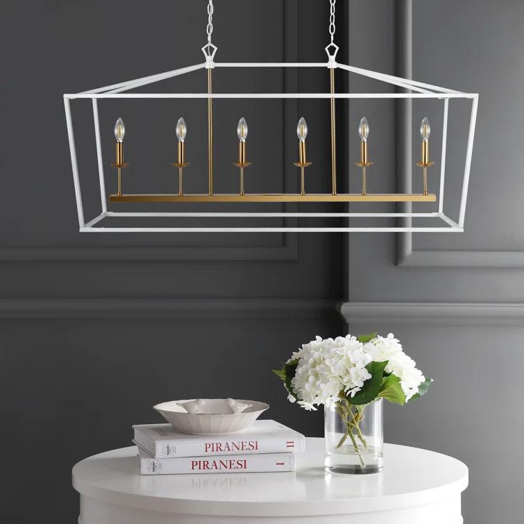 JONATHAN  Y Pagoda 49" Metal Linear Classic Traditional 6 -Light White Farmhouse Lantern Large Hanging Kitchen island light