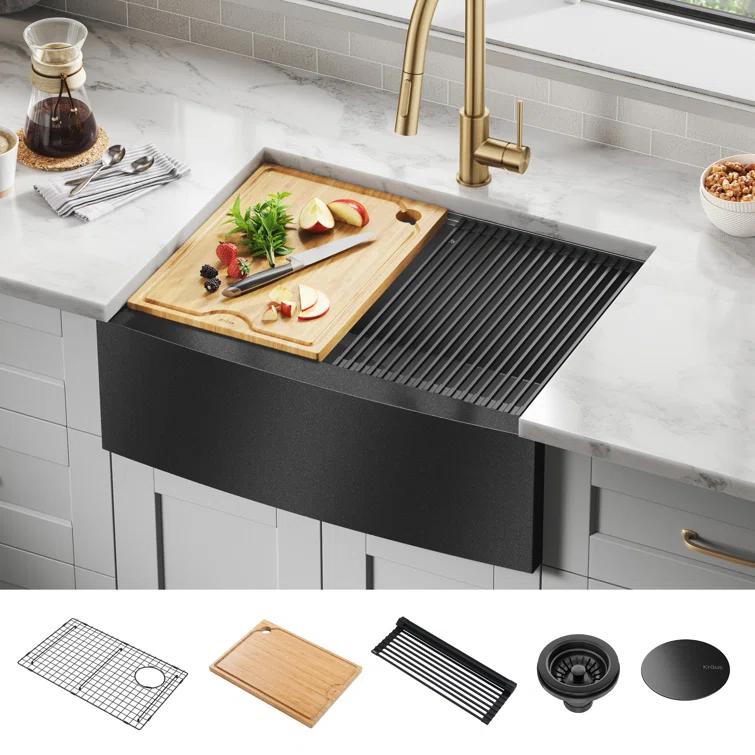 KRAUS Kore™ 27" L Farmhouse Apron Front Workstation 16 Gauge Black Stainless Steel Single Bowl Kitchen Sink
