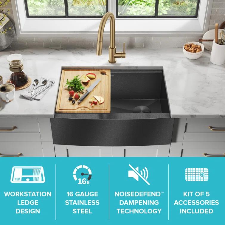 KRAUS Kore™ 27" L Farmhouse Apron Front Workstation 16 Gauge Black Stainless Steel Single Bowl Kitchen Sink