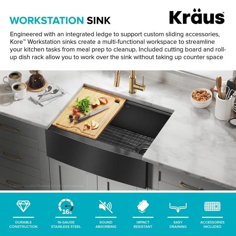 KRAUS Kore™ 27" L Farmhouse Apron Front Workstation 16 Gauge Black Stainless Steel Single Bowl Kitchen Sink