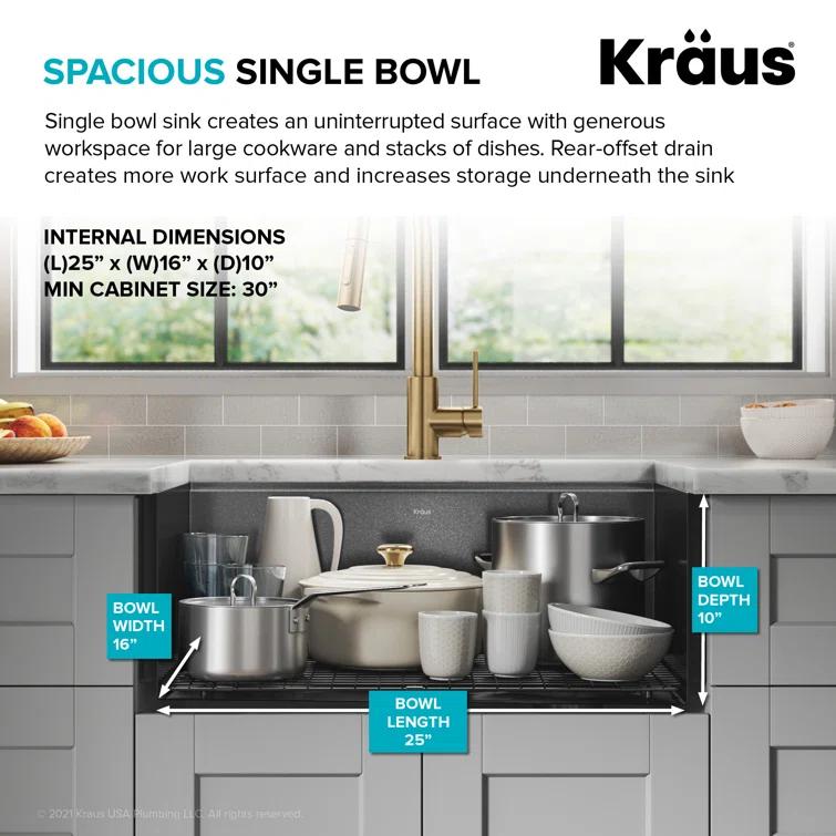 KRAUS Kore™ 27" L Farmhouse Apron Front Workstation 16 Gauge Black Stainless Steel Single Bowl Kitchen Sink