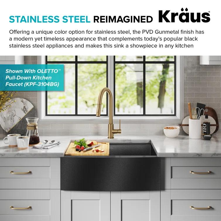 KRAUS Kore™ 27" L Farmhouse Apron Front Workstation 16 Gauge Black Stainless Steel Single Bowl Kitchen Sink