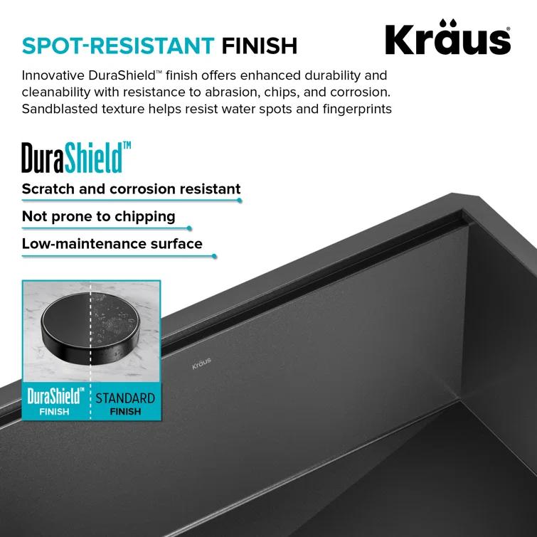 KRAUS Kore™ 27" L Farmhouse Apron Front Workstation 16 Gauge Black Stainless Steel Single Bowl Kitchen Sink