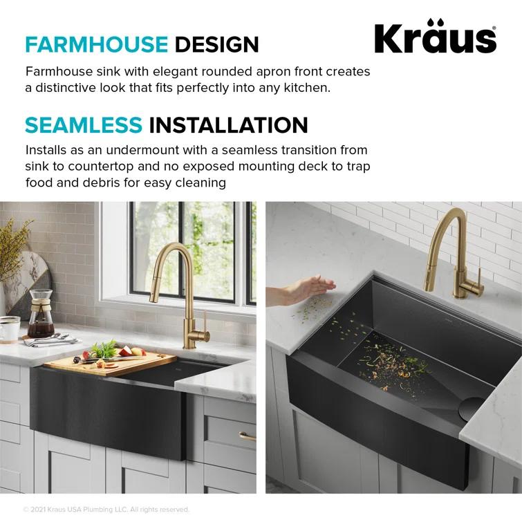 KRAUS Kore™ 27" L Farmhouse Apron Front Workstation 16 Gauge Black Stainless Steel Single Bowl Kitchen Sink