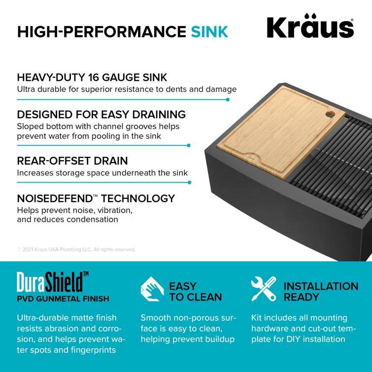 KRAUS Kore™ 27" L Farmhouse Apron Front Workstation 16 Gauge Black Stainless Steel Single Bowl Kitchen Sink