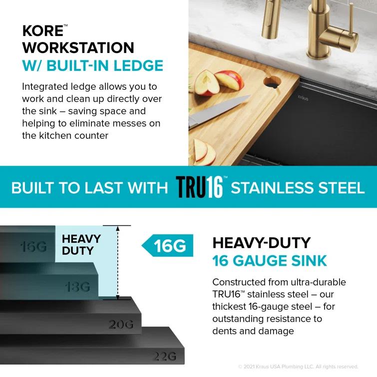 KRAUS Kore™ 27" L Farmhouse Apron Front Workstation 16 Gauge Black Stainless Steel Single Bowl Kitchen Sink
