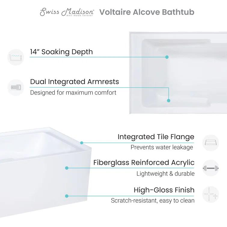 Voltaire 72" x 36" Alcove Bathtub with Apron and Armrest