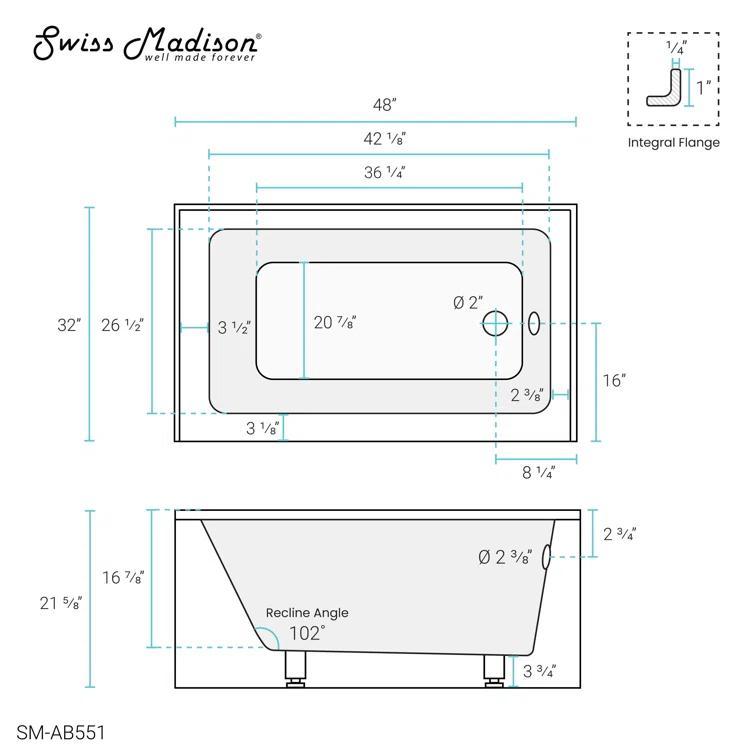 Voltaire 48" x 32" Alcove Bathtub with Apron